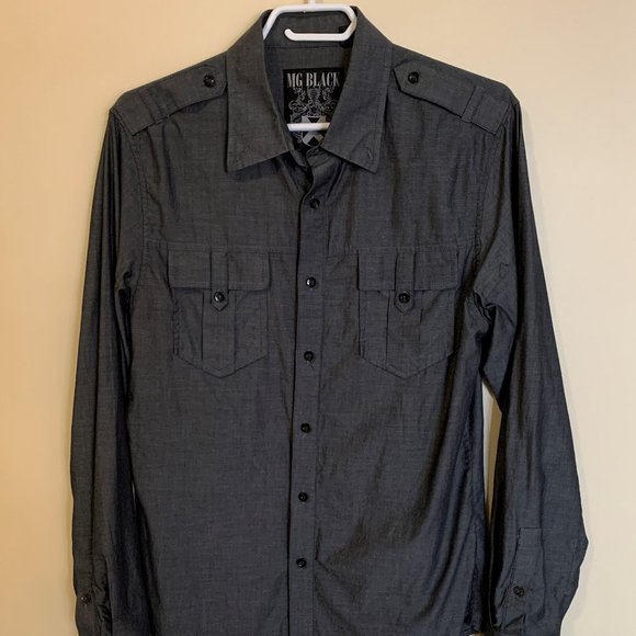 MG Black Men's Shirt Button Down Collar Military Style Size Medium 100% Cotton - Picture 1 of 10